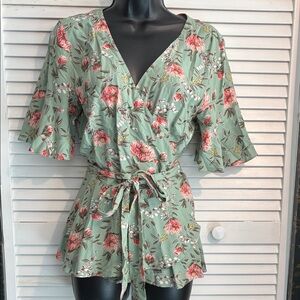 LOFT Floral Pink and Green Wrap Blouse
